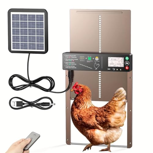 Automatic Chicken Coop Door Solar Powered with Timer Anti-Pinch Design Light Sensor Setting Remote Control Electric Duck Coop Door Solar Panel USB to DC Cable Various (brown01)
