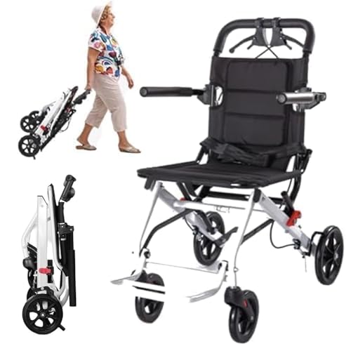 Folding Transport Lightweight Wheelchairs with Handbrake Ultralight Folding Travel Wheelchair Portable Compact Foldable Wheelchair for Adults, 8" Rear Wheels (white)