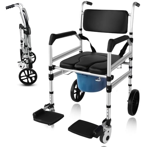 Folding Rolling Shower Wheelchair for Elderly and Disabled, Foldable & Adjustable Height Sturdy Rolling Shower Wheelchair for toilet Raised Toilet Seat Raiser with Handle for Senior (black)