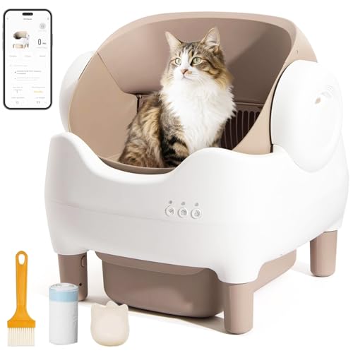 Open Top Automatic Cat Litter Box Self Cleaning Cat Litter Box for Multiple Cats-Large Smart Litter Boxes Electric Litter Box with APP Control, Safety Sensor (Champagne)