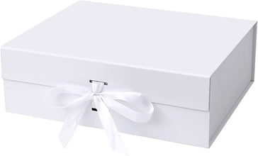 Gift Box with Lid, Collapsible Bridesmaid Magnetic Closure Proposal Box with Satin Ribbons, Sturdy Storage Box for Birthdays, Weddings, Christmas(White, 26.1 x 22.8 x 10cm, 10.3 x 9 x 3.9 inchs)