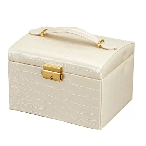 Jewelry Box for Women Girls Wife Ideal Gift, 2-5 Layer Jewelry Organizer Display Earrings Bracelets Rings Necklaces, PU Leather & Soft Velvet Lined (3-LAYER Beige crocodile pattern)