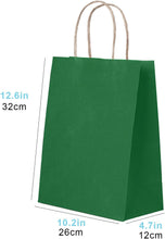50 Pack Large Green Paper Gift Bags with Handles, for Retail, Birthdays, Holidays, Bulk Green Gift Bags, Green Paper Shopping Bags, 26x12x32cm, 10.2