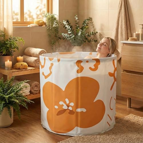 Portable Ice Bath Tub, Non-Inflatable Bathtub for Adults Foldable PVC SPA Japanese Soaking Bathing Tub & Standing Bath Tub - Fast Muscle Recovery, Home Outdoors Gyms (Orange Flower)
