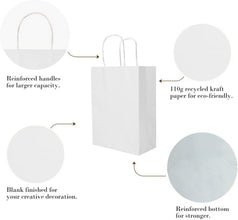 50 Pack Medium White Paper Gift Bags with Handles for Weddings, Events Shopping Bulk White Gift Bags White Paper Shopping Bags White Gift Bags with Handles Bulk, 21x11x27cm, 8.3