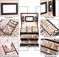 Jewelry Box for Women Girls Wife Ideal Gift, 2-5 Layer Jewelry Organizer Display Earrings Bracelets Rings Necklaces, PU Leather & Soft Velvet Lined (3-LAYER Black02)