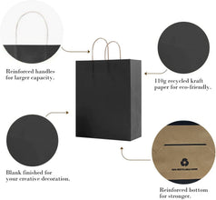 50 Pack Large Black Paper Gift Bags with Handles, for Retail Parties Holidays Bulk Black Gift Bags Black Craft Bags, Black Paper Gift Bags with Handles, 26x12x32cm, 10.2