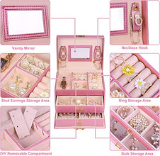Jewelry Box for Women Girls Wife Ideal Gift, 2-5 Layer Jewelry Organizer Display Earrings Bracelets Rings Necklaces, PU Leather & Soft Velvet Lined (3-LAYER Pink02)