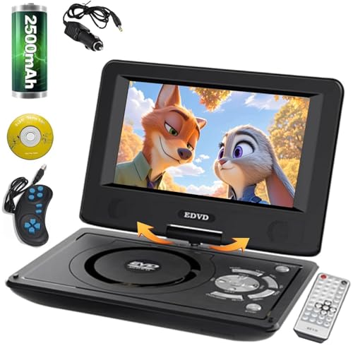 Portable DVD Player for Car with Swivel HD Screen Rechargeable Outdoor CD Player Support Sync Screen to TV, Support SD Card/USB/Multiple Disc Formats (Black-A)
