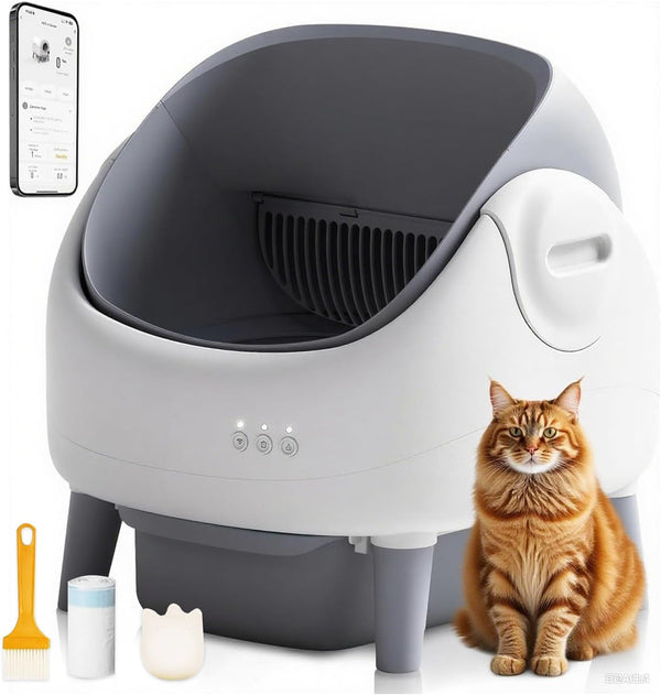 Open Top Self Cleaning Cat Litter Box Automatic Cat Litter Box for Multiple Cats-Large Smart Litter Boxes Electric Litter Box with APP Control, Safety Sensor (White and Grey)