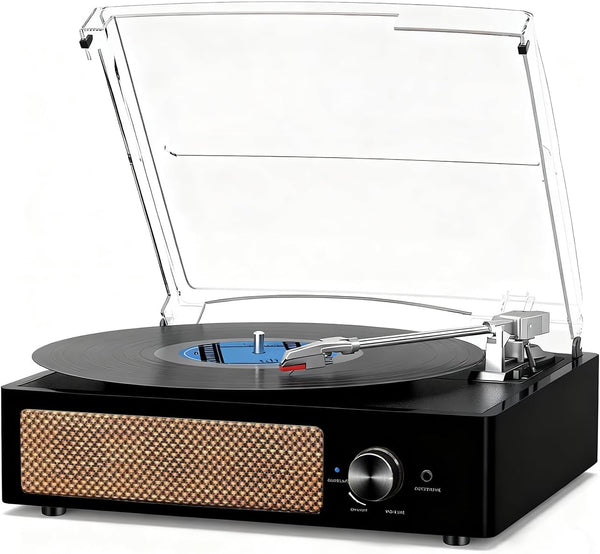 Vinyl Record Player with 2 Stereo Speakers Belt-Driven Vintage Turntables Support 3-Speed 3-Size Bluetooth Wireless Playback AUX-in RCA Out Headphone LP Vinyl Players Auto Stop Fashion (Black)