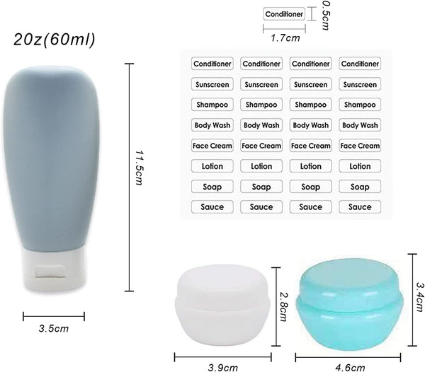9 Pcs Travel Bottles Set,4pcs 60ML Travel Bottles & Containers,2 Cream Boxes, Waterproof Label,Small Mini Empty Plastic Squeeze Bottles, for Travel Toiletries,Shampoo and Conditioner with Storage Bag