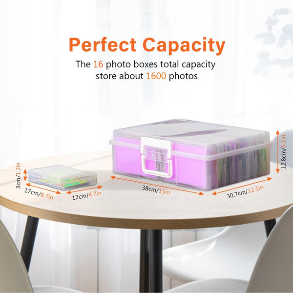 Clear Photo Storage Box 4x6 with 16 Inner Cases Picture Storage Box for Photo Organizers and Storage Acid-Free Photos, Plastic Craft Storage Box for Cards Stickers Stamps Office Supplies PVC-Free