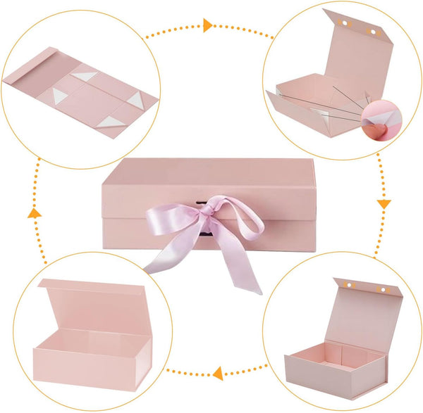 Gift Box with Lid, Collapsible Bridesmaid Proposal Box with Satin Ribbons, Sturdy Storage Box for Birthdays, Weddings, Father's Day, Christmas(Pink, 26.1 x 22.8 x 10cm, 10.3 x 9 x 3.9 inchs)