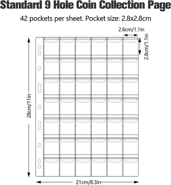 Coin Collecting Sleeves for All Coins - 42 Pockets per Sheet, 2.8x2.8cm Pocket Dimension Pocket Sleeves, Coin sorter 15 Sheets Standard 9-Hole Coin Storage Pages (42Pocket,2.8x2.8cm,15 Sheet)