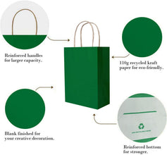 50 Pack Small Green Paper Gift Bags with Handles, for Birthdays, Parties, Crafts, Bulk Gift Bags, Small Green Kraft Paper Bags, Green Bags with Handles, 15x8x21cm, 5.9