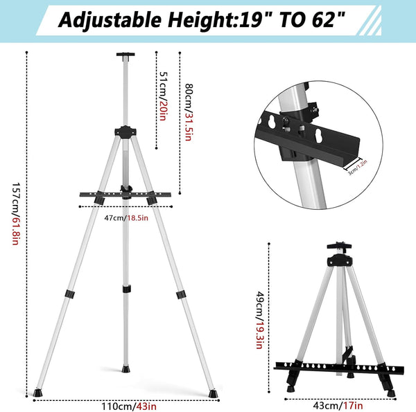Silver Artist Easel Stand - Adjustable Aluminum Tripod Art Easel for Painting Easel Stand for Painting Easel for Adults with Carry Bag for Tabletop/Floor Painting & Display, Height 19-62" (49-157cm)