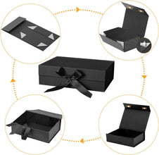 Gift Box with Lid, Collapsible Bridesmaid Magnetic Closure Proposal Box with Satin Ribbons, Sturdy Storage Box for Birthdays, Weddings, Christmas(Black, 24.1 x 17.8 x 7.7cm, 9.5 x 7 x 3 inchs)