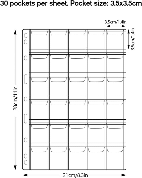 30-Pocket Coin Collection Pages, Coin Collection Supplies Standard 9-Hole Binder Compatible Coin Binder 3.5x3.5cm Pocket Size Coin and Stamp Collecting Supplies (30Pocket,3.5x3.5cm,15 Sheet)