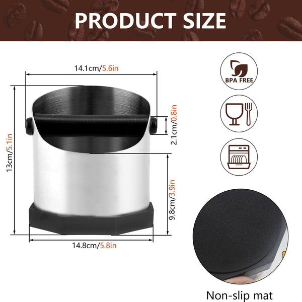 Espresso Knock Box Stainless Steel Espresso Grounds Knock Box With Removable Rubber Knock Bar, Anti-Splash Design,Dishwasher Safe Stainless Steel Used Coffee Grounds Container Disposal, Silver, 1600ml