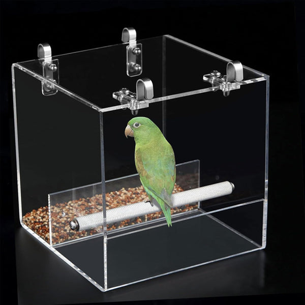 Acrylic Automatic Bird Feeder Bird Cage No Mess Bird Cage Pet Feeder Seed Food Container with Stainless Steel Hooks Cage Accessories for Small Birds Like Parakeet, Canary, Cockatiel, Parrot