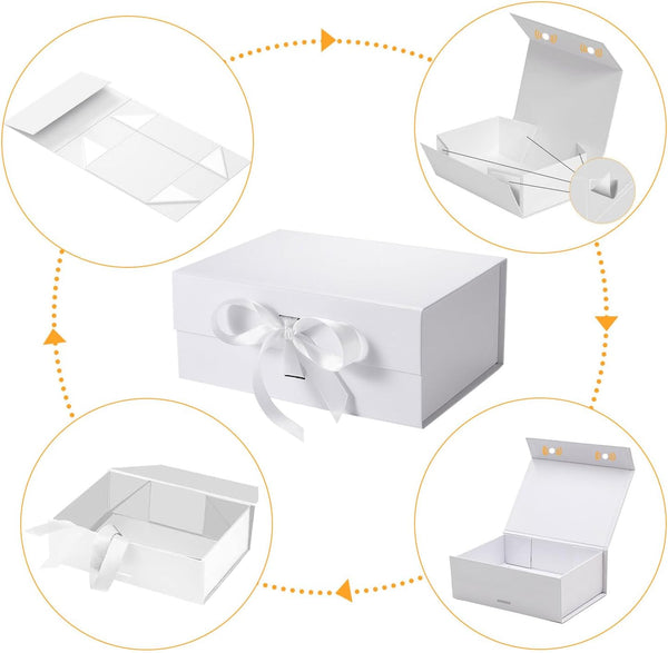 Gift Box with Lid, Collapsible Bridesmaid Magnetic Closure Proposal Box with Satin Ribbons, Sturdy Storage Box for Birthdays, Weddings, Christmas(White, 26.1 x 22.8 x 10cm, 10.3 x 9 x 3.9 inchs)