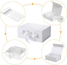 Gift Box with Lid, Magnetic Closure Collapsible Bridesmaid Proposal Box with Satin Ribbons, Sturdy Storage Box for Birthdays, Weddings, Christmas(White, 24.1 x 17.8 x 7.7cm, 9.5 x 7 x 3 inchs)