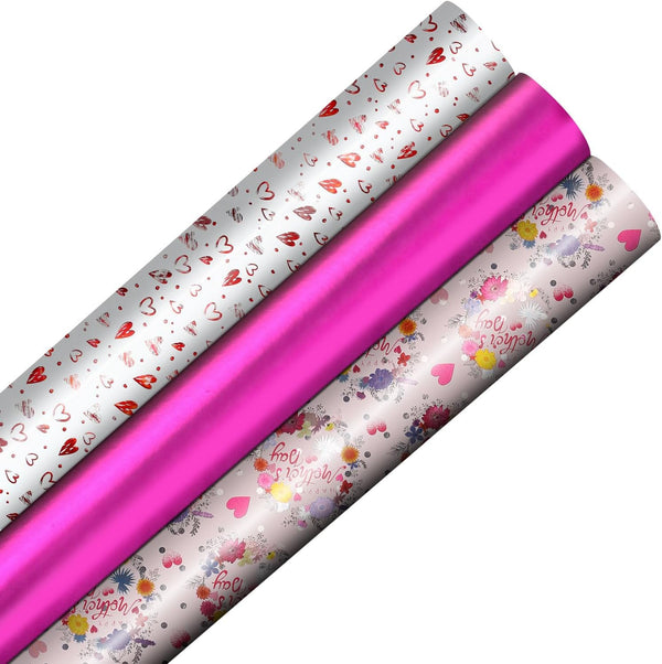 Rose Gold Gift Wrapping Paper Set - 3 Rolls, Modern Designs Metallic Shine Bridal Shower Present Wrapping Paper Roll Ideal for Christmas, Birthdays, Weddings, DIY Craft,43x300cm/17"X118" Per Roll