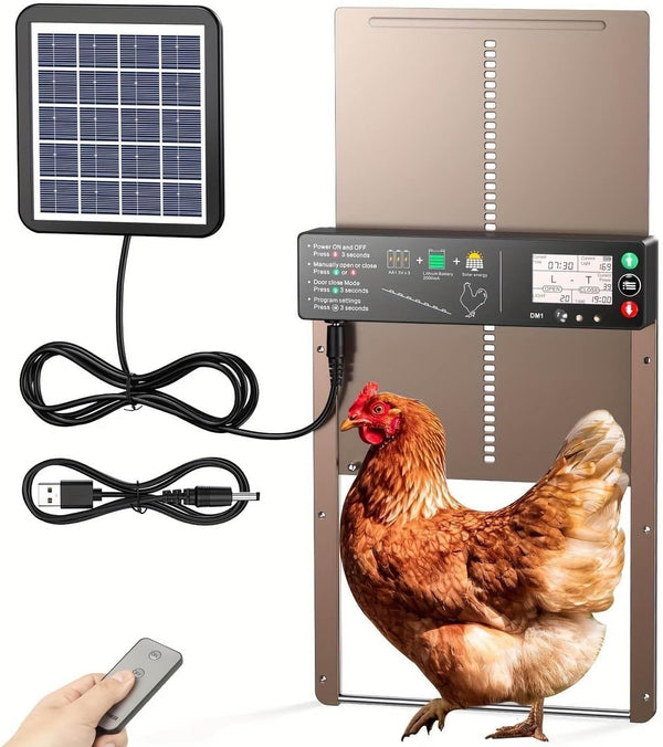 Automatic Chicken Coop Door Solar Powered with Timer Anti-Pinch Design Light Sensor Setting Remote Control Electric Duck Coop Door Solar Panel USB to DC Cable Various (brown01)