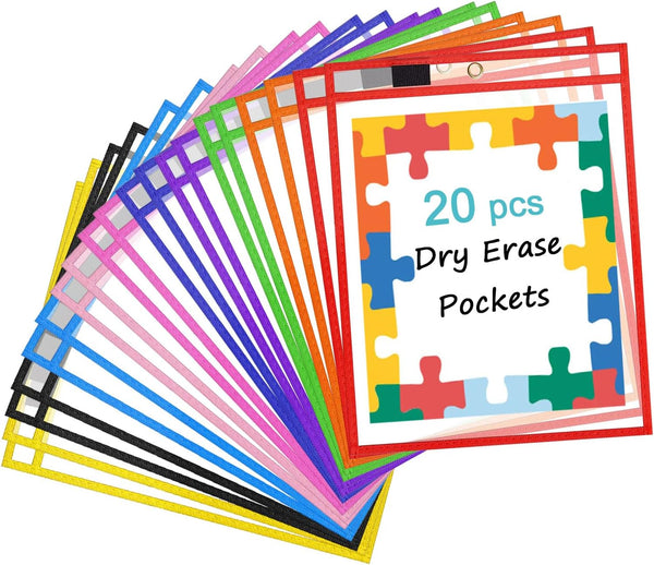 Dry Erase Pockets Reusable Sleeves 20 Pcs of Dry Erase Pocket Sleeves Heavy Duty Clear Sheet Protectors for Classroom - 10" x 14" Reusable Dry Erase Sleeves for Teacher Supplies and Job Ticket Holders