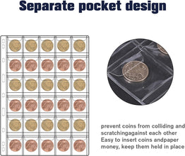 30-Pocket Coin Collection Pages, Coin Collection Supplies Standard 9-Hole Binder Compatible Coin Binder 3.5x3.5cm Pocket Size Coin and Stamp Collecting Supplies (30Pocket,3.5x3.5cm,15 Sheet)