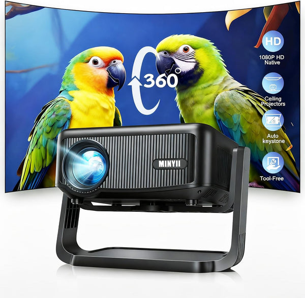 Mini Projector with WiFi and Bluetooth【Electric Focus/Auto Keystone】 Portable Bluetooth Projector, 1080P Support Movie - Auto Focus Rotatable Movie Phone Projector with 360° Adjustable Stand (Black)