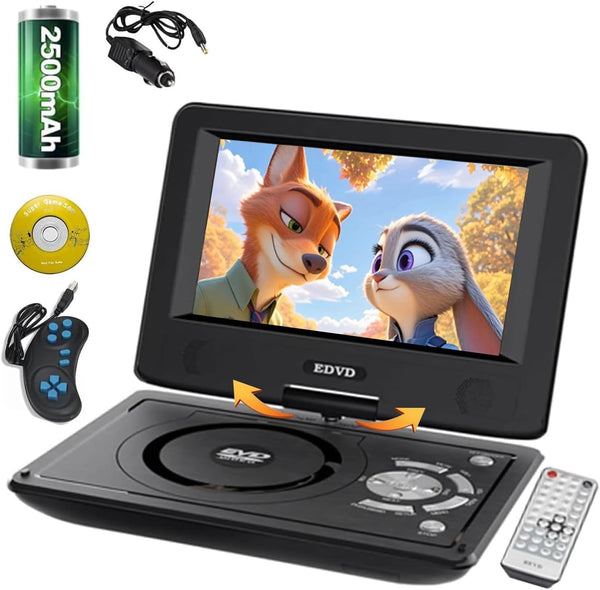 Portable DVD Player for Car with Swivel HD Screen Rechargeable Outdoor CD Player Support Sync Screen to TV, Support SD Card/USB/Multiple Disc Formats (Black-A)