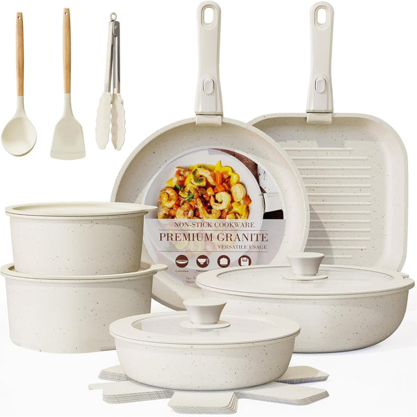 Nonstick Cookware Set 20-Pieces Pots and Pans Set Detachable Handles, Healthy & Non Toxic Kitchen Removable Handle Cookware Set, Dishwasher and Oven Safe, PFAS and PFOA Free (White02)