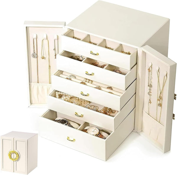 Jewelry Box for Women Girls Wife Ideal Gift, 2-5 Layer Jewelry Organizer Display Earrings Bracelets Rings Necklaces, PU Leather & Soft Velvet Lined (5-LAYER White01)