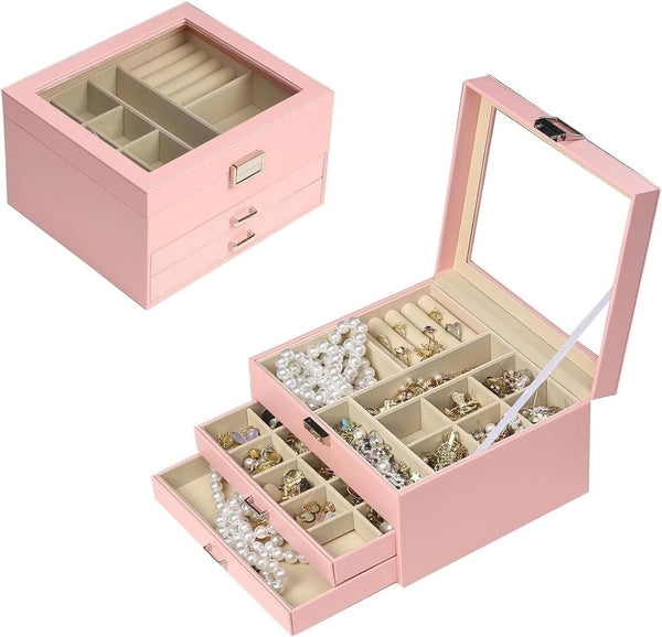 Jewelry Box for Women Girls Wife Ideal Gift, 2-5 Layer Jewelry Organizer Display Earrings Bracelets Rings Necklaces, PU Leather & Soft Velvet Lined (new pink)