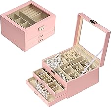 Jewelry Box for Women Girls Wife Ideal Gift, 2-5 Layer Jewelry Organizer Display Earrings Bracelets Rings Necklaces, PU Leather & Soft Velvet Lined (new pink)