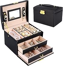 Jewelry Box for Women Girls Wife Ideal Gift, 2-5 Layer Jewelry Organizer Display Earrings Bracelets Rings Necklaces, PU Leather & Soft Velvet Lined (3-LAYER Black02)