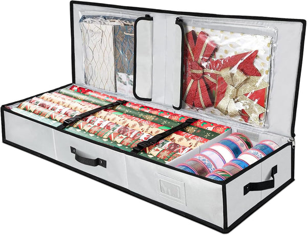 Large Gift Wrapping Paper Organizer Storage Box Christmas Wrapping Paper Storage Containers Fits Up To 24 Rolls Underbed Storage With Extra Pockets For Accessories For Holiday Decorations Storage,Grey
