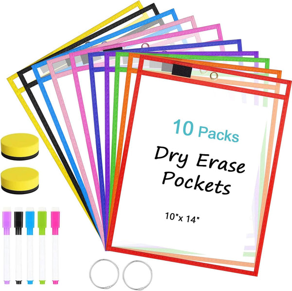 Dry Erase Pockets Reusable Sleeves 10 Pcs of Dry Erase Pocket Sleeves Heavy Duty Clear Sheet Protectors for Classroom - 10" x 14" Reusable Dry Erase Sleeves for Teacher Supplies and Job Ticket Holders