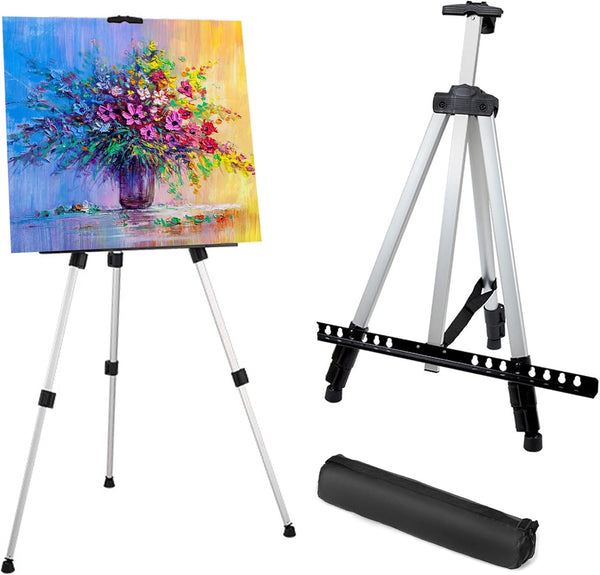 Silver Artist Easel Stand - Adjustable Aluminum Tripod Art Easel for Painting Easel Stand for Painting Easel for Adults with Carry Bag for Tabletop/Floor Painting & Display, Height 19-62" (49-157cm)