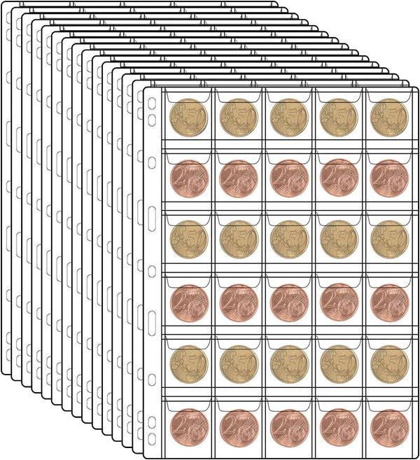 30-Pocket Coin Collection Pages, Coin Collection Supplies Standard 9-Hole Binder Compatible Coin Binder 3.5x3.5cm Pocket Size Coin and Stamp Collecting Supplies (30Pocket,3.5x3.5cm,15 Sheet)