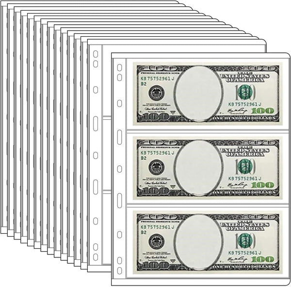 15-Sheet Pack Money Binder with 3-Pocket Dollar Bill Sleeves Currency Album Sheet Protectors for 3 Ring Binder Durable and Acid-Free for Collection Album Refills (Currency Sleeves, 45 Pockets)