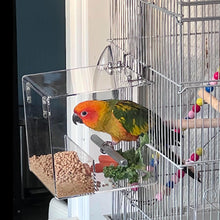 Automatic Parrot Feeder No Mess Bird Cage Seed Feeding Container Box Acrylic Automatic Bird Feeder Bird Cage with Stainless Steel Hooks for Small Birds Like Parakeet,Canary,Cockatiel,Parrot 21x21x21cm