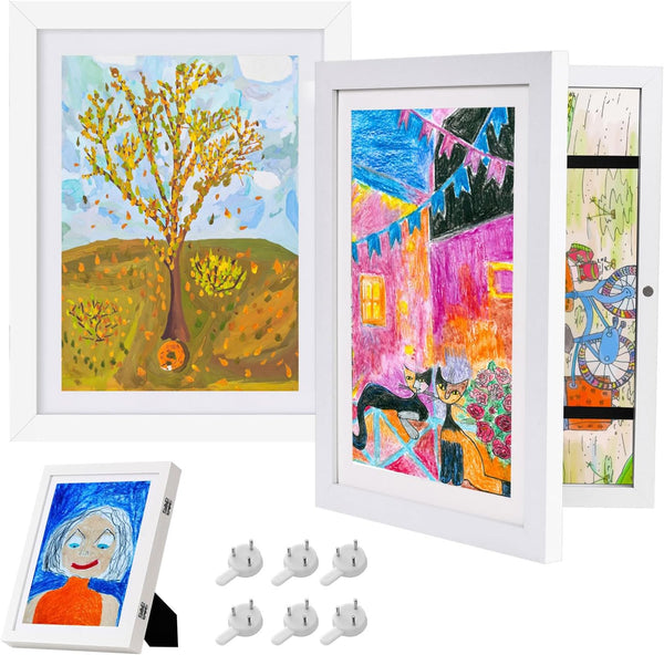 2Pcs Versatile Kids Art Display Frame School Picture Frame pre-k to 12, Front-Loading, Magnetic Closure,Horizontal/Vertical Stand & Wall Hooks Kids Wall Art Frame for Kids Artwork(White,13 X 9.7inch)