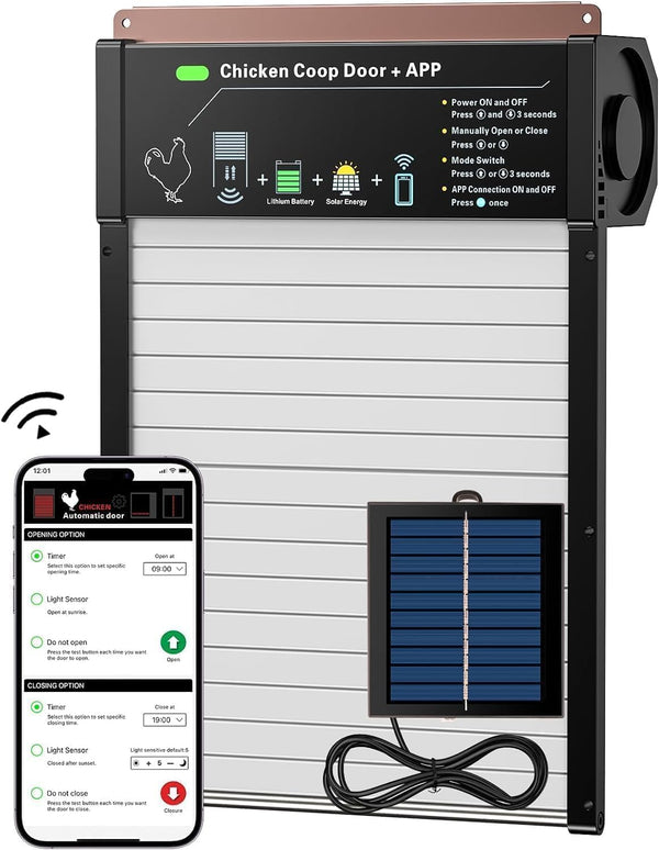 Automatic Chicken Coop Door Solar Powered, App Control Automatic Chicken Door with Timer & Light Sensor Mix 4-Modes, Solar Chicken Coop Door with Anti-Pinch Design