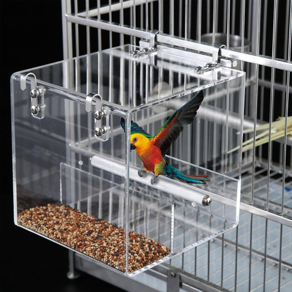 Acrylic Automatic Bird Feeder Bird Cage No Mess Bird Cage Pet Feeder Seed Food Container with Stainless Steel Hooks Cage Accessories for Small Birds Like Parakeet, Canary, Cockatiel, Parrot 13x11x13cm
