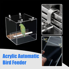 Automatic Parrot Feeder No Mess Bird Cage Seed Feeding Container Box Acrylic Automatic Bird Feeder Bird Cage with Stainless Steel Hooks for Small Birds Like Parakeet,Canary,Cockatiel,Parrot 21x21x21cm