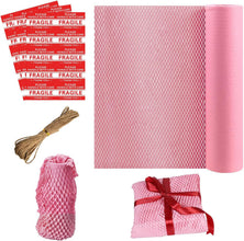Recyclable Pink Honeycomb Shipping Paper with Jute Twine & Fragile Stickers - Pink Bubble Wrap Packing Paper Roll Packing Peanuts for Shipping Easy Tear for Fragile Items,Pink,19.7x1181