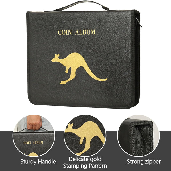 Coin Collection Book Holder for Collectors 260 Coin Pockets + 30 Bill Sleeves Coin Collection Storage Coin Album Coin Sorter Coin Book for Pennies Bills & Stamps with Secure Zipper & Handy Handle.